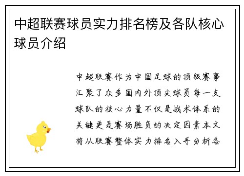 中超联赛球员实力排名榜及各队核心球员介绍