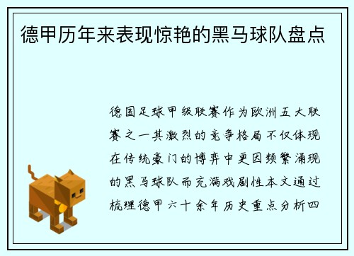 德甲历年来表现惊艳的黑马球队盘点